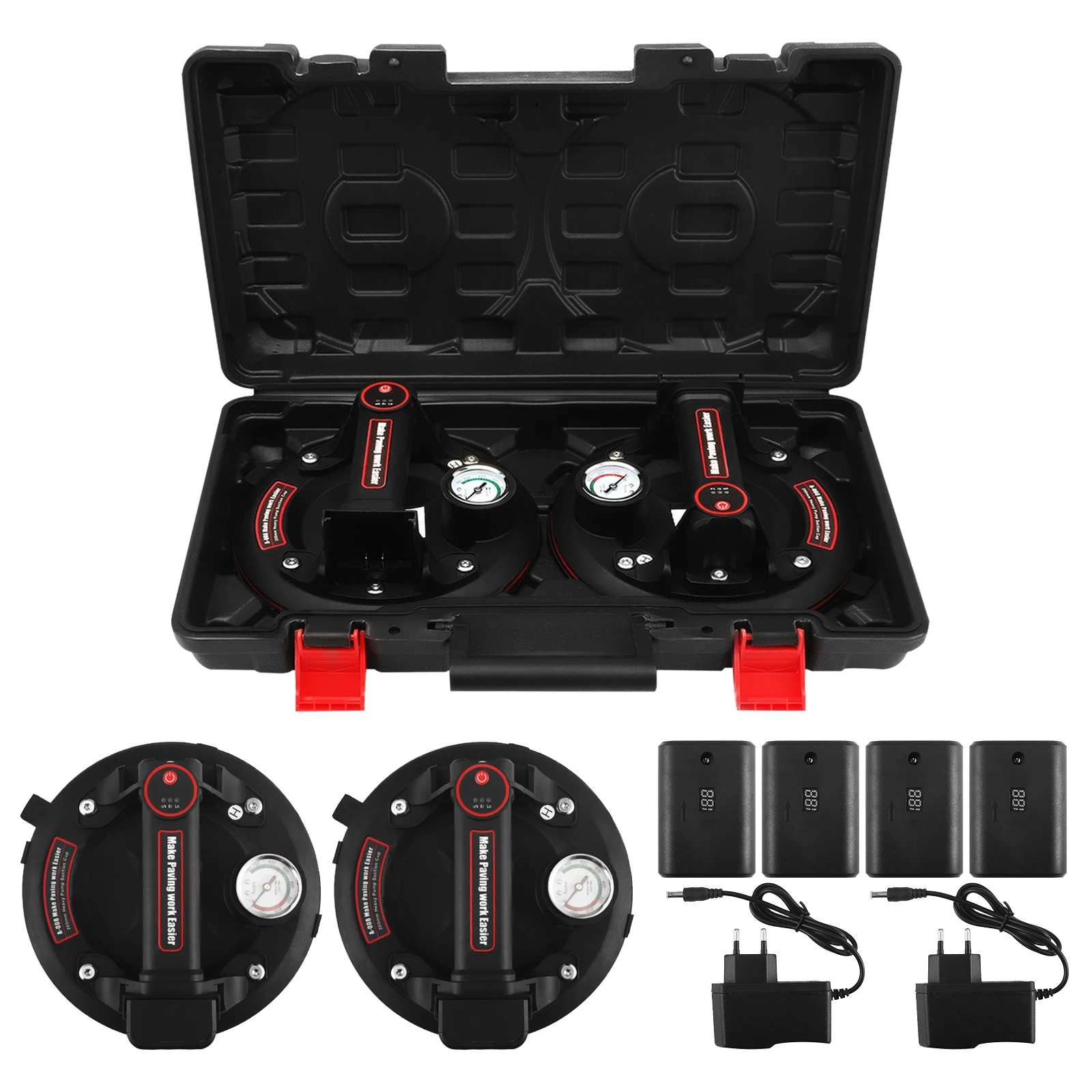 Ventouse électrique en verre de 8 pouces, lève-carreaux professionnel LED avec manomètre, 4 piles + boîte à outils, capacité de charge 200kg