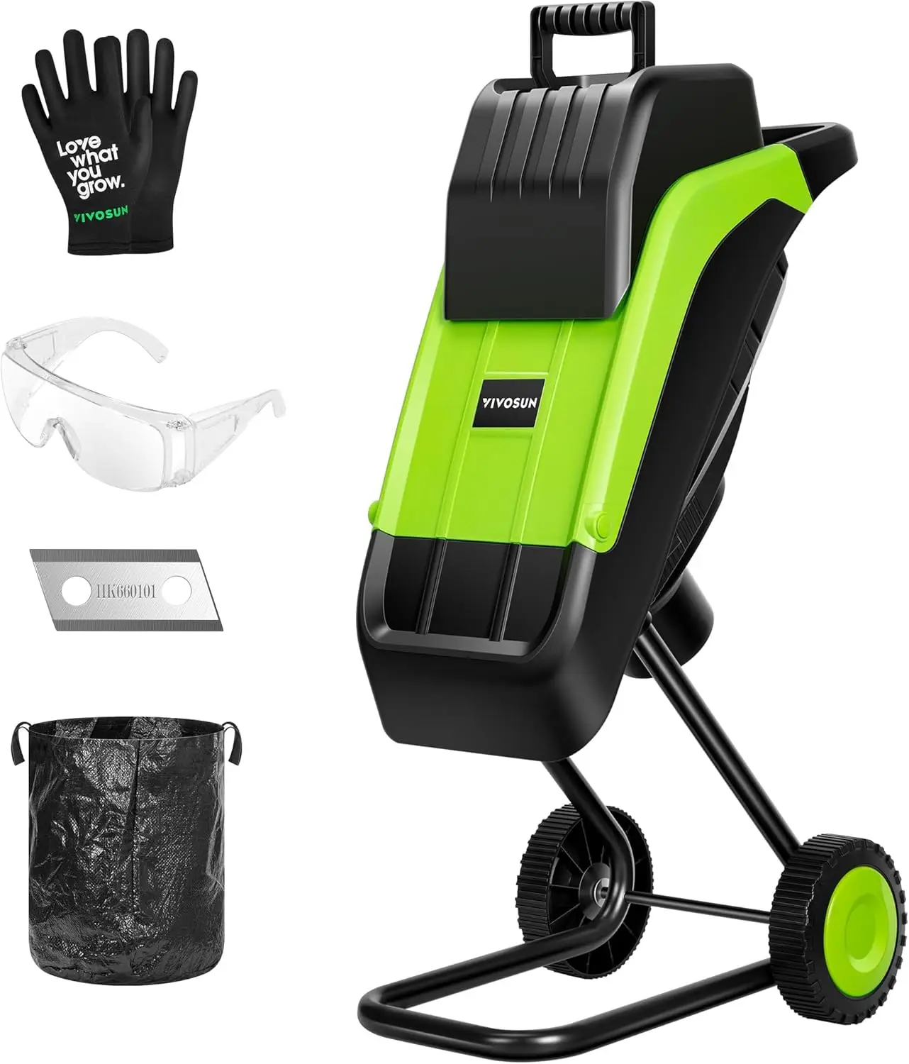 Electric wood chipper and shredder With wheels and safety locking knob Plunger 50L collection bag