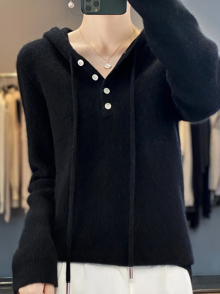 Aliselect Autumn Winter Women Sweater Hoodie 100% Merino wool Long Sleeve Casual Pullover Cashmere Knitted Coat Korean Fashion