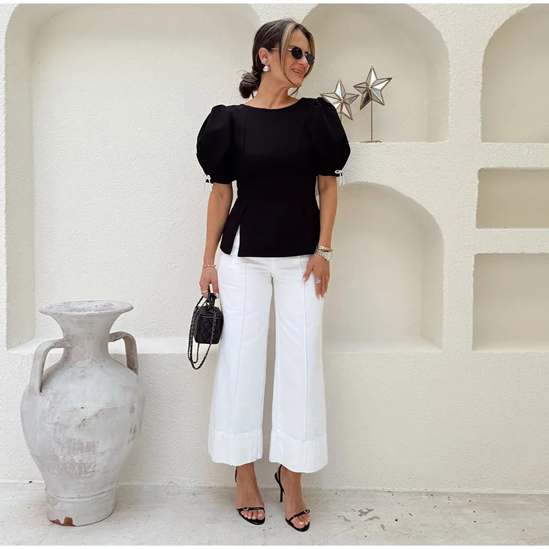 Damen Peplum-Top mit Puffärmeln, seitlichem Schlitz, Perlenbesatz, Rundhalsausschnitt, Schlitzsaum und Schleife – schmales Sommer-Oberteil für den Alltag und Streetwear – Detail 13