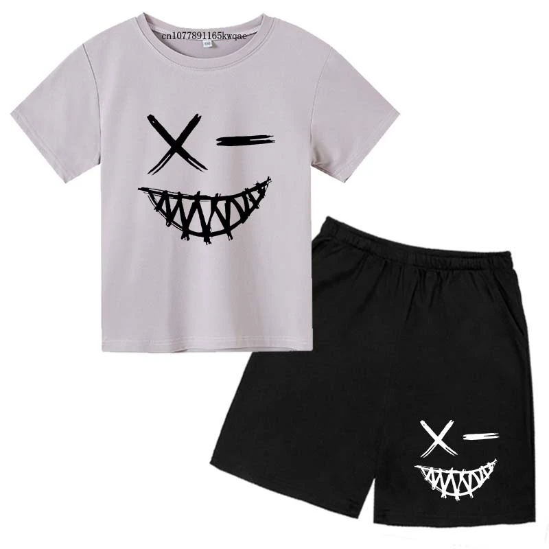 Kids Summer New Smiling Face Print 2pcs Breathable Tees + Shorts Sportsuits 2-13 Years Boys Girls Streetwear Outfits Children Sets