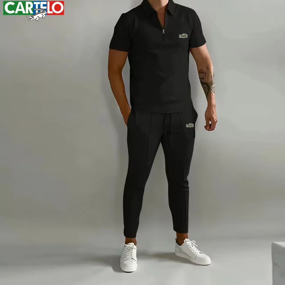 CARTELO Summer Men's T-shirt Set Fashion Embroidery Lapel Zipper Quick Drying Top+Trousers Two Piece Casual Sports Polo Shirt