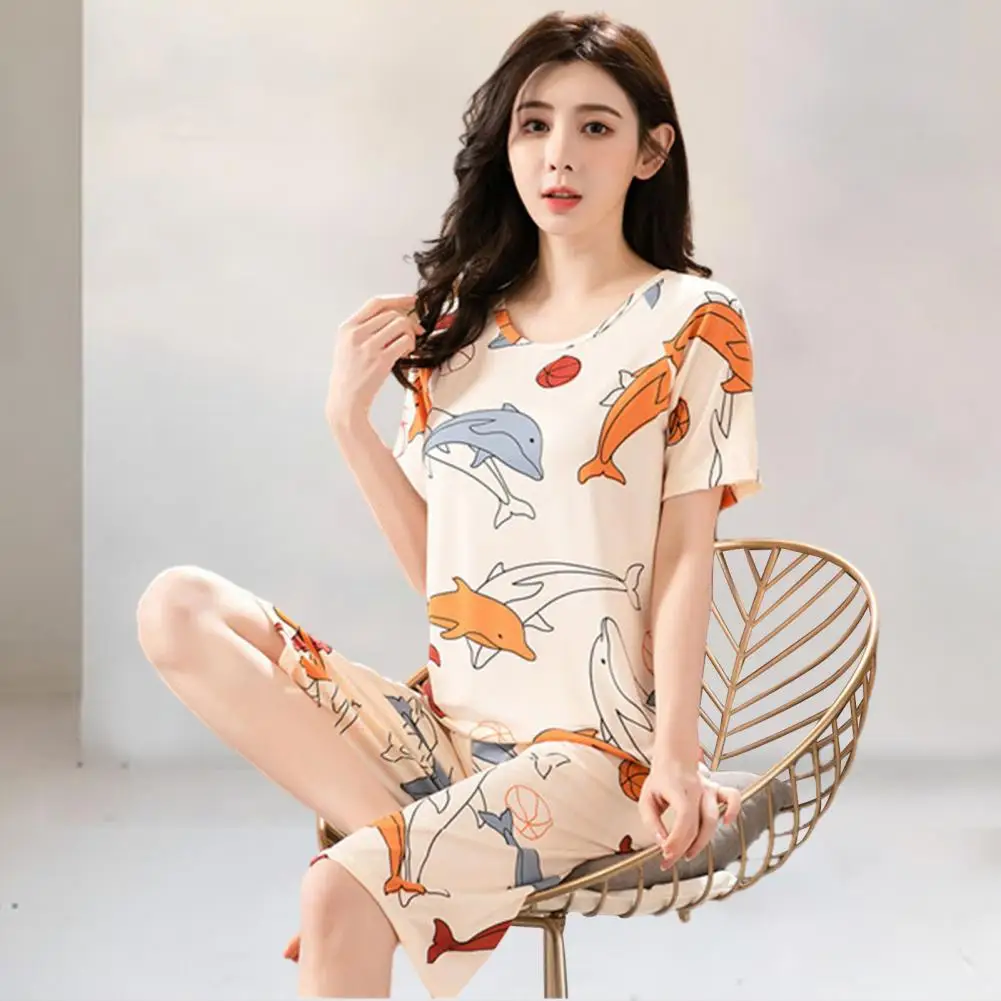 Lady Night Clothes Chic Soft Women Pajamas Set Two Pieces Set T-shirt Pants Mid Waist Summer Pajamas Women Garment