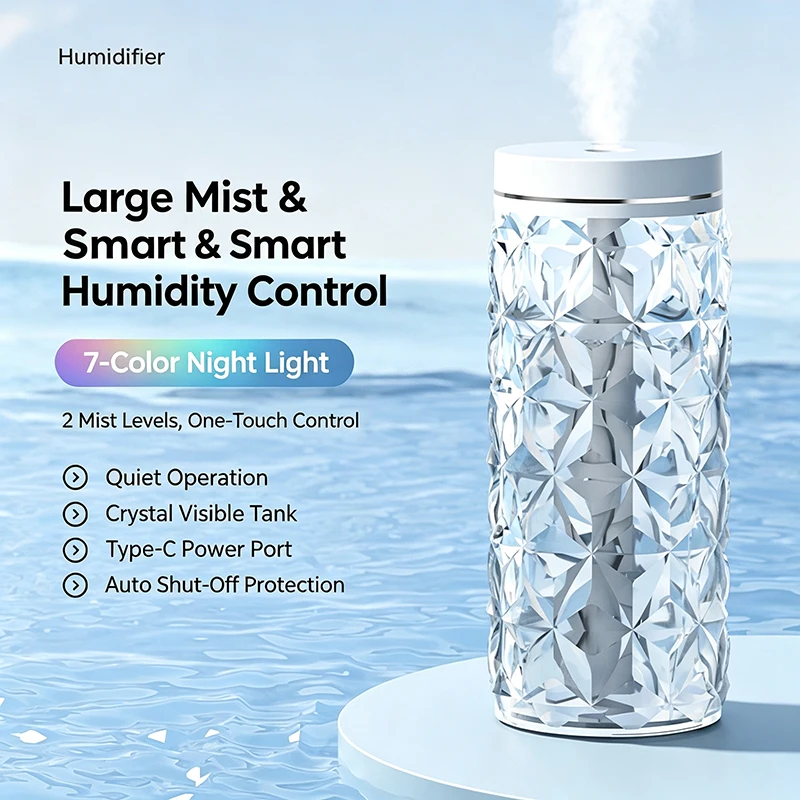 Compact Crystal Mist Humidifier with Multicolored Ambient Lighting and One-Touch Quiet Operation