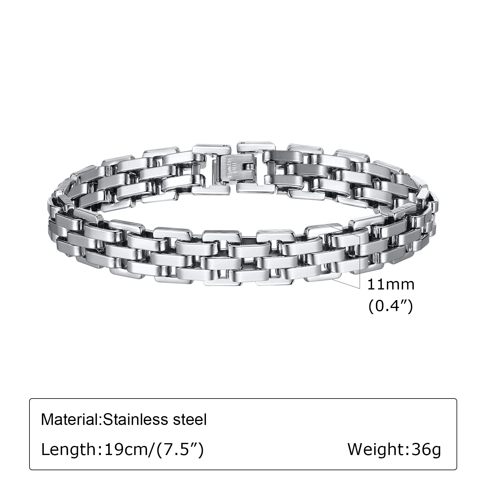 Vnox 11mm Watchband Shaped Chain Bracelet for Men Teens Boys,Strap Chain Bracelets, Black Silver Color Stainless Steel Wristband - Image 4