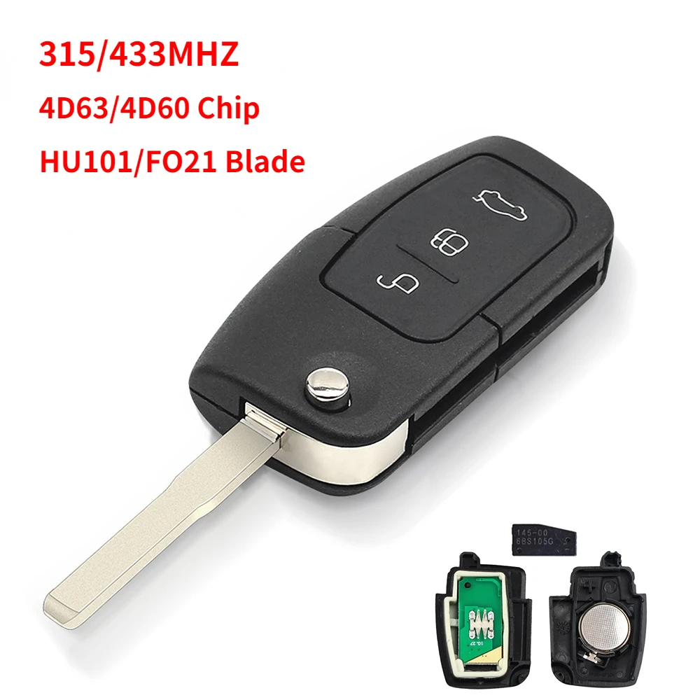 3 Buttons ASK 315MHz/433MHz 4D63/4D60 Chip Remote Key for Ford Focus 3 Mondeo C Max S Max Galaxy Fiesta HU101/FO21 Blade Case