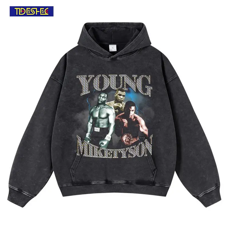 

TIDESHEC Men Vintage Tyson Portrait Graphic Hoodie Y2K Streetwear Hip Hop Distressed Washed Hooded Sweatshirt 2023 Punk Pullove