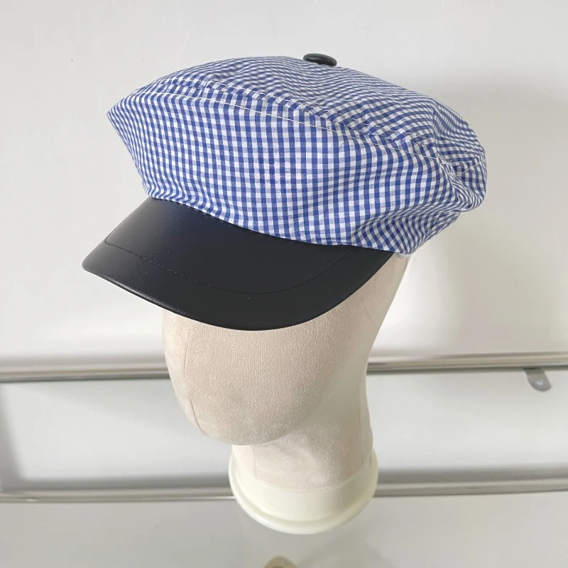 Korean Blue and White Striped Cotton Linen Thin Pu Short-brimmed Newsboy Hat Spring and Summer Female Versatile Painter Cap