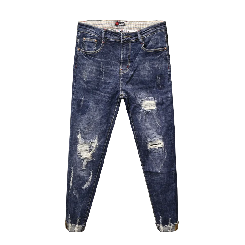 Men Jeans Ripped Jeans Ripped Patchwork Jeans New Original Spring Autumn Blue Wash Designer Distressed Ripped Knees Slim Fit Denim Jeans Whiskers Frayed Hem Men