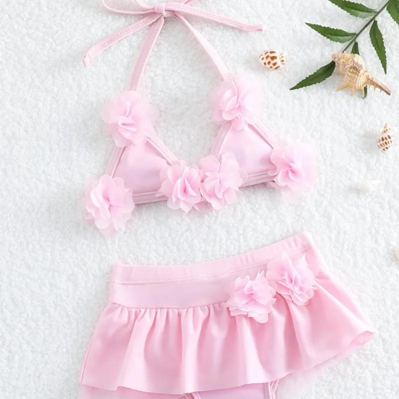 Costume da bagno da bambina in 3 pezzi, grazioso bikini con motivo floreale e gonna, costume da bagno per bambini a pois rossi, Nero , 11-12 Anni