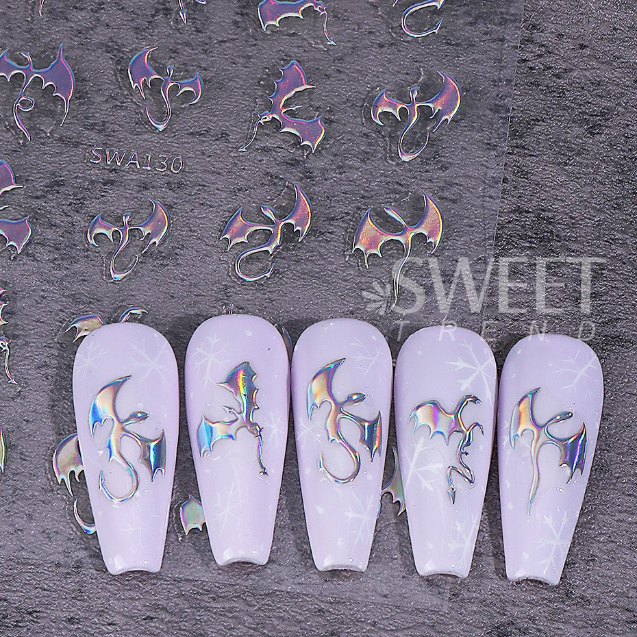 3pcs Metallic Flying Dragon Nails Stickers Gold Silver Laser Flying Devil Bat Design Nail Decals DIY Halloween Manicure Decor