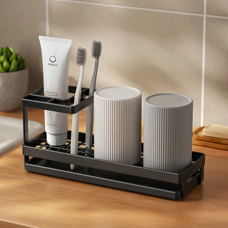 Multifunction Steel Frame Toothbrush and Toothpaste Holder Mouthwash Cup Storage Stand Rack Bathroom Counter Organizer Shelf 1PCS storage rack,bathroom shelf,bathroom shelf rack,bathroom storage rack,wall shelf organizer