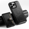 Carbon Fiber Leather Magnetic 2-in-1 Card Holder Wallet Phone Case Support Wireless Charging for iPhone 16ProMax 15Plus 14 13 12 1