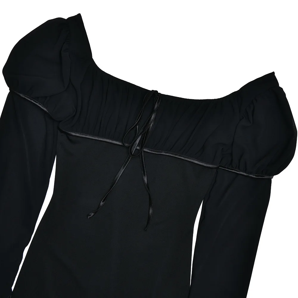 Elegant Chiffon Patchwork Zipper Slim Dress Women Autumn Winter 2025 New Pleated Square Neck Skirt Sexy Backless Vestido