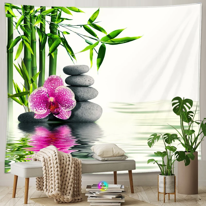 Zen Room Interior Decorative Bamboo Flowing Green Bamboo Buddha Meditation Spa Tapestry Green Wall Decoration Green Home Decor 6