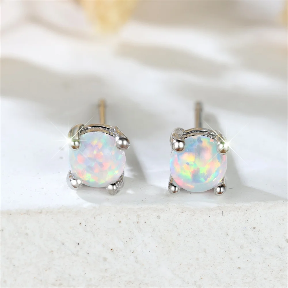 White Fire Opal Small Round Stone Stud Earrings For Women Vintage Silver Color Wedding Earring Minimalist Jewelry Valentine Gift