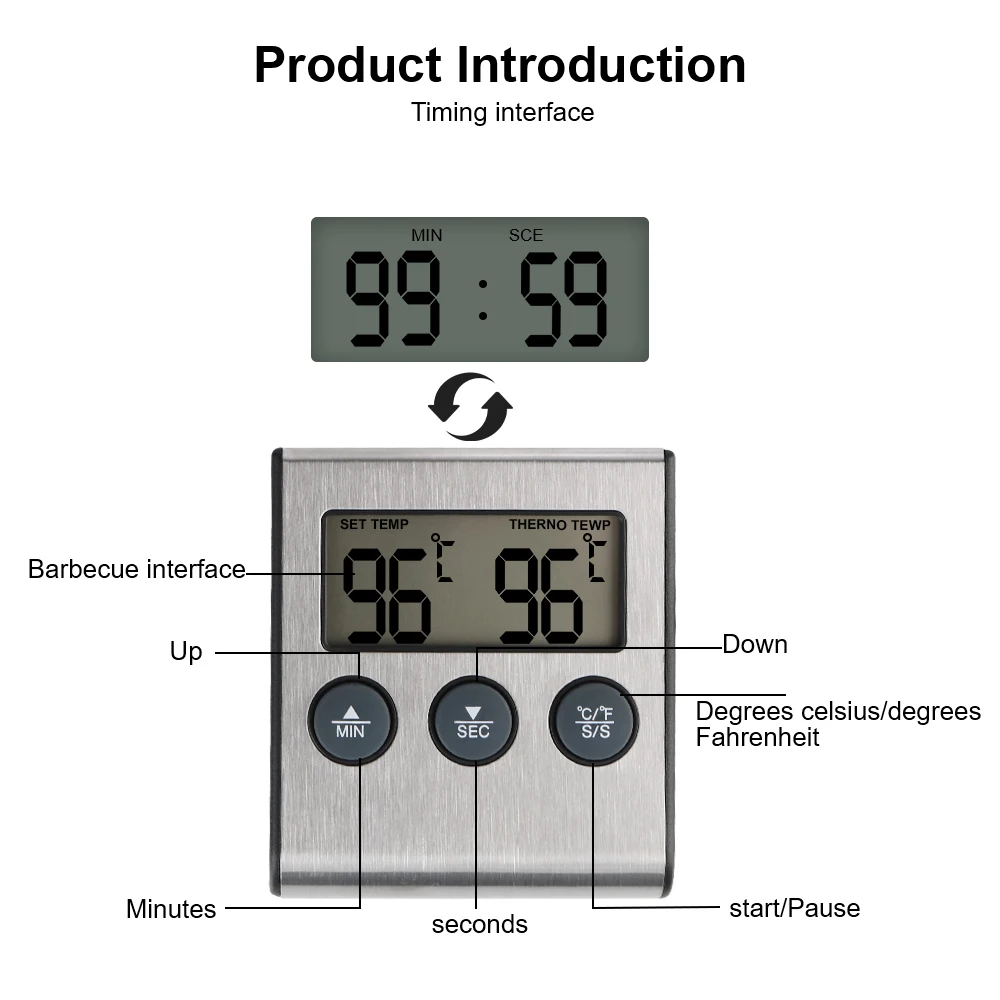Digital BBQ Thermometer Probe Temperature Cooking Oven Meter Grill Timer Function New Meat Kitchen Food Stainless Steel 4