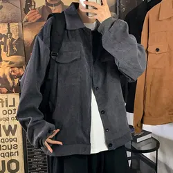 Men's Vintage Japan Style Corduroy Jacket - Casual Solid Color Lapel Coat - XXL (Grey)