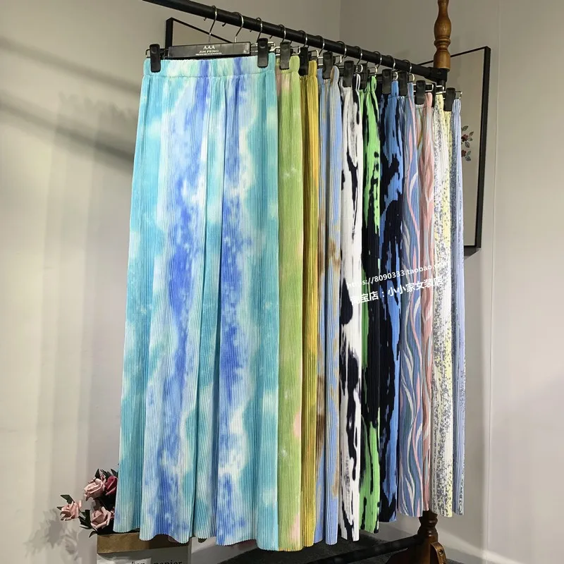 

Women's Summer Straight Wide Leg Long Pants 2021 Tie Dye Loose Trousers Ladies Casual Streetwear Elastic Waist High Waist Pants