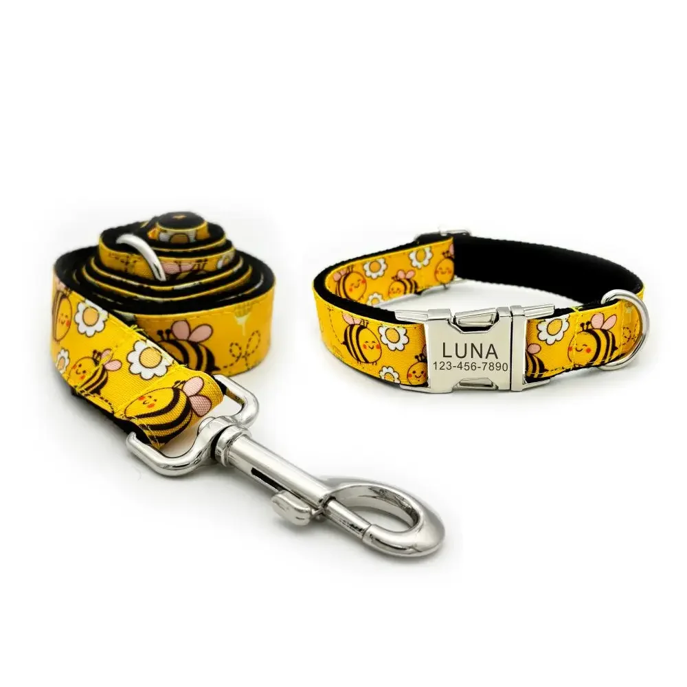 Personalized Dog Collar Pet Collar Free Engraving ID Nameplate Tag Pet Cute Bee Honey Yellow Puppy Collars Leash dog collar dog id tag