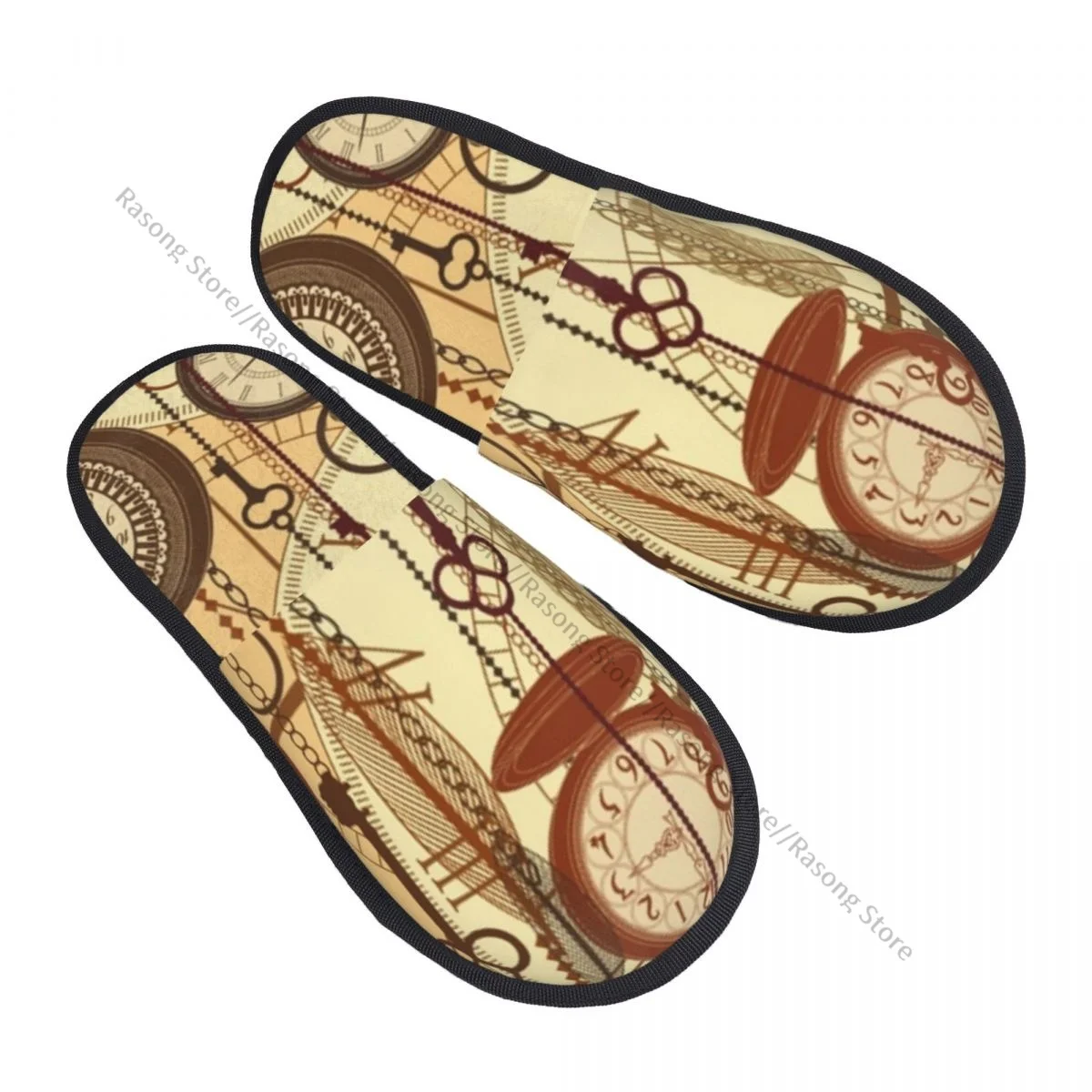 

Зимняя нескользящая обувь на плоской подошве для мужчин и женщин, ретро ностальгические часы с перьями и ключами в стиле 1920-х годов, богемное искусство, домашняя мягкая теплая обувь с мехом