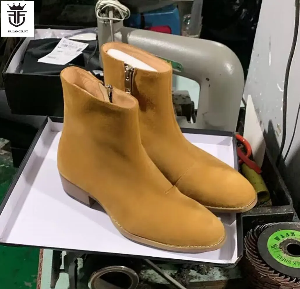 

Fashion Brand New mens suede boots side zip ankle motorcycles booties male pointy toes party shoes low heel