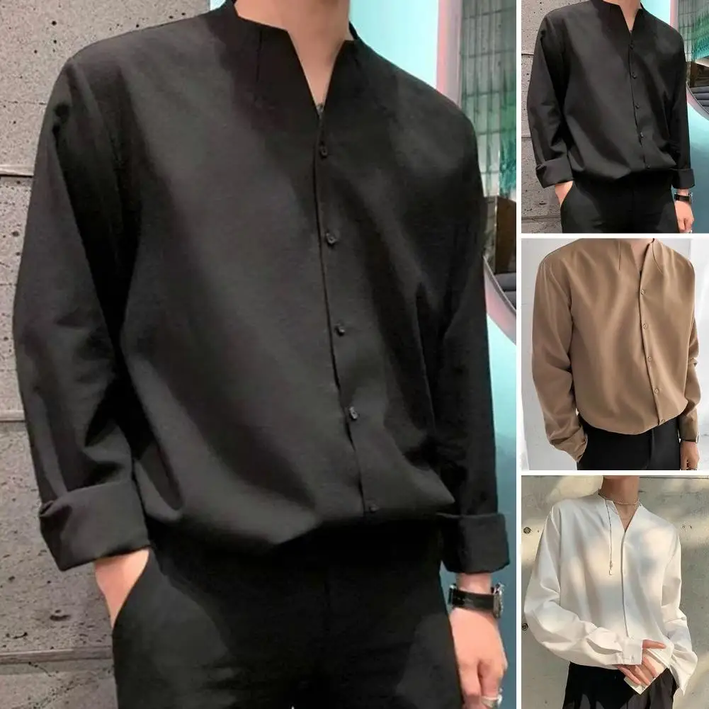 Stylish  Casual Shirt Anti-Pilling Autumn Loose Fit Solid Work Shirt Collarless Colorfast Men Shirt Daily Clothing