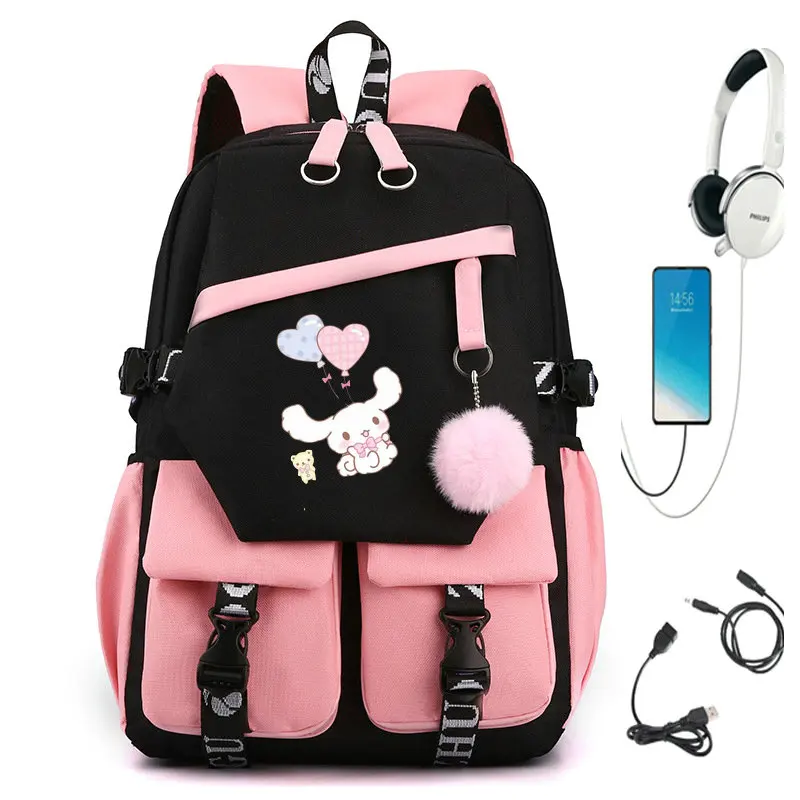 MINISO 사랑스러운 쿠로미 멜로디 배낭 USB 여아용 학교 가방, 십대 캔버스 노트북 백팩, 용량 배낭 애니메이션
