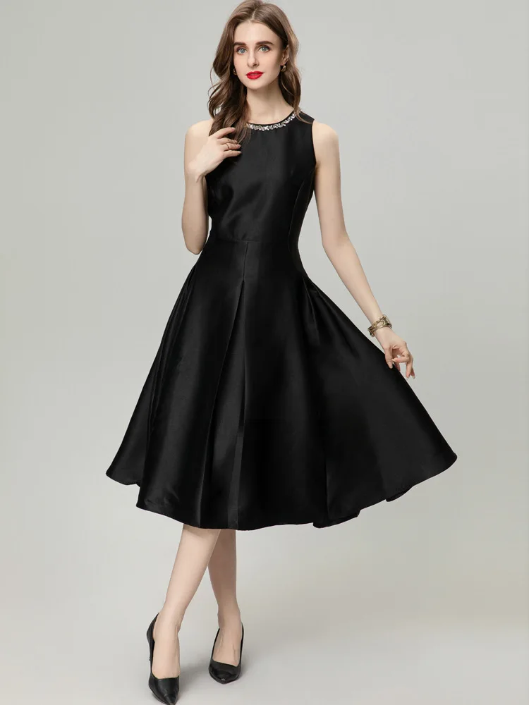 

Spring Summer Party Holiday Dress Beading Fashion Women Solid Colour Waist-closing Midi Vestidos High Street