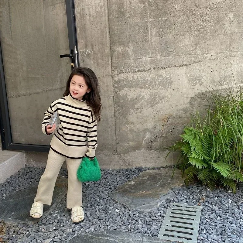 Kids Clothing Set Girls Clothing Set Girls Casual Simple Suit New High-necked Hoodie Autumn and Winter Children's Wear Korean Version Striped Wide Leg Pants