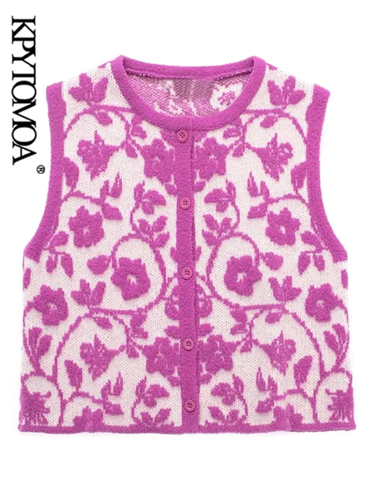 KPYTOMOA Women Fashion Floral Jacquard Knit Vest Sweater Vintage O Neck Button-Up Female Waistcoat