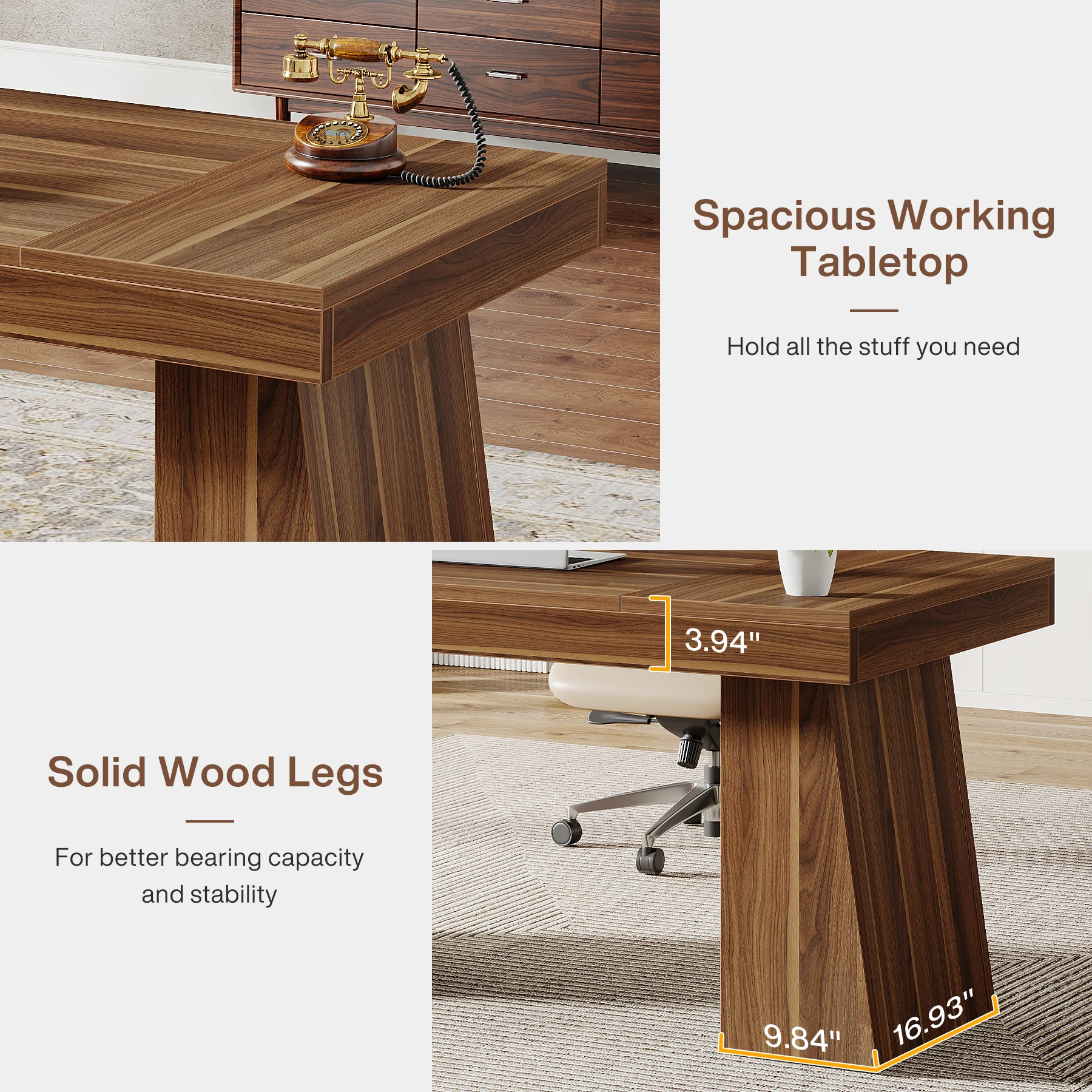 Tribesigns 55 Inches Executive Desk, Mid-Century Modern Home Office Desk with Double Trapezoid Base, Wood Computer Desk 6