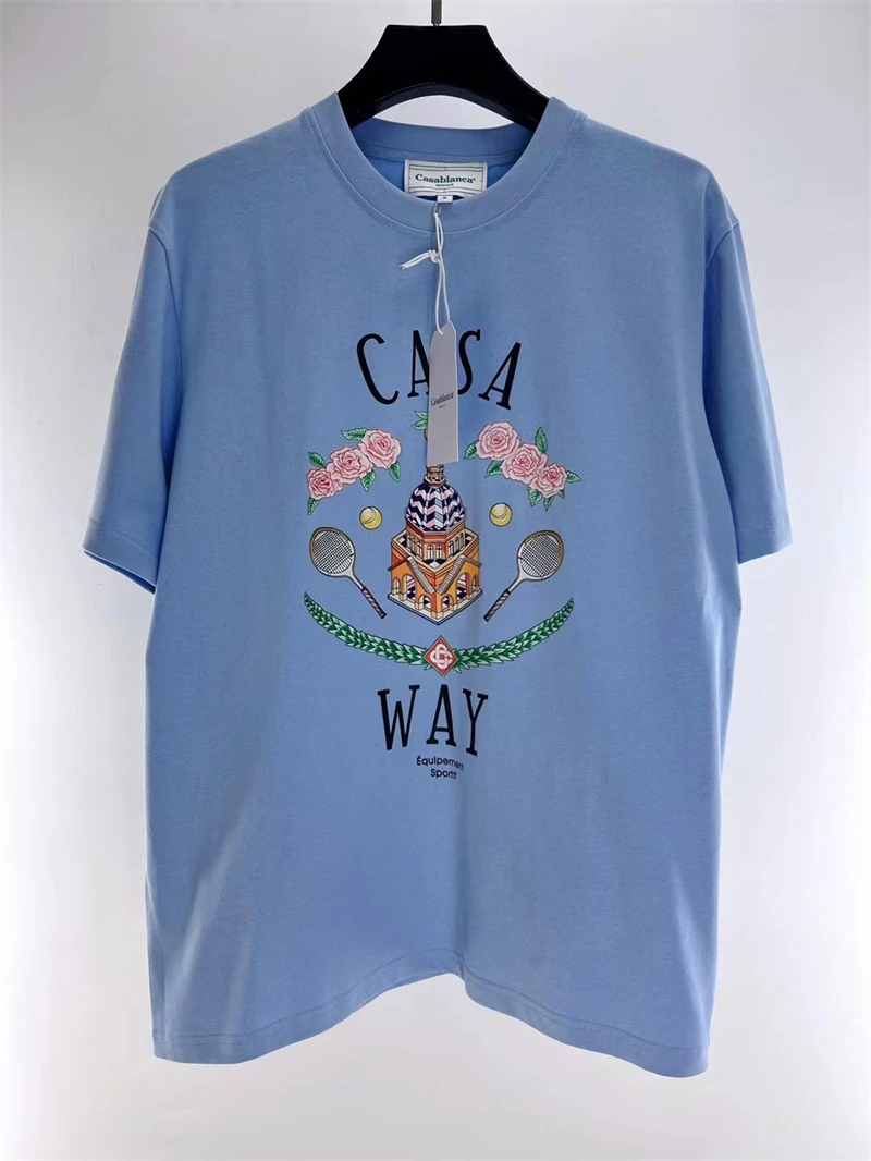 

23SS Hip Hop Casablanca Tennis Club Castle T Shirt Men Women 1:1 Best Quality Oversized Blue White Short Sleeve Top Tees Hentai