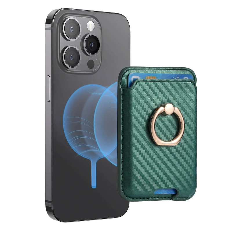 Magsafe Wallet: Carbon Fiber Saffiano Leather Card Holder with Strong Magnetic Ring Stand