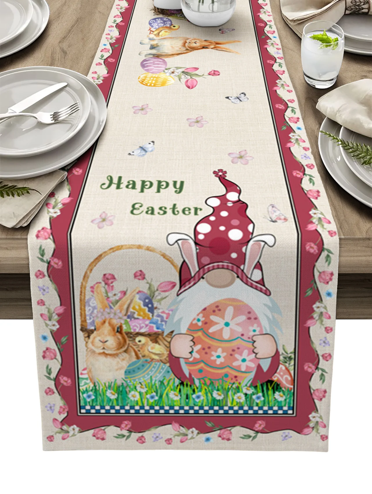 

Easter Bunny Gnome Tulip Flower Butterfly Linen Table Runner Kitchen Table Decoration Dining Tablecloth Wedding Party Decor