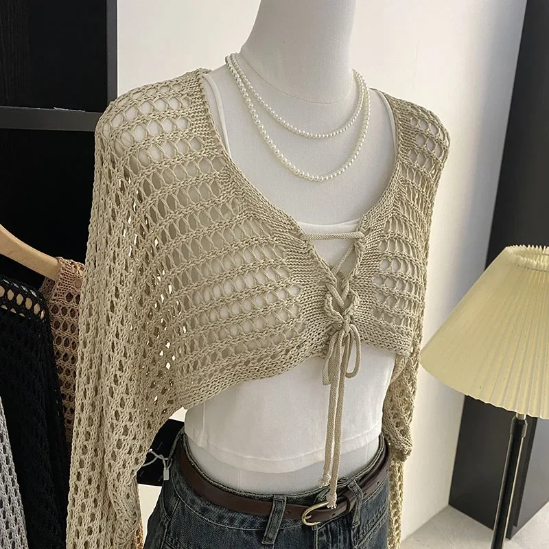 Women Summer Crochet Tie Front Cardigan