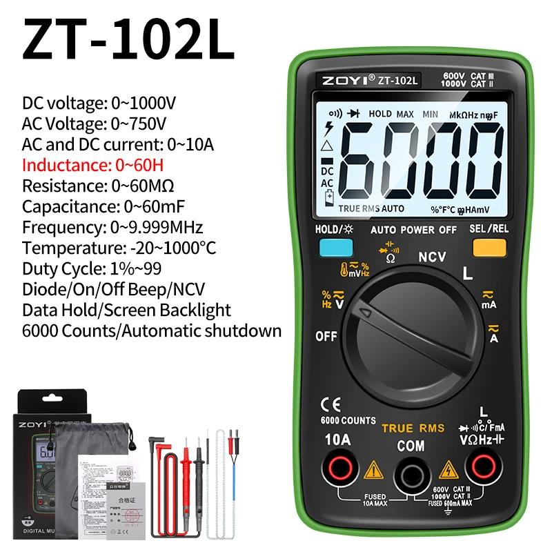 ZOYI ZT-102L Inductance Meter Multimeter Tester T-RMS 6000 Count