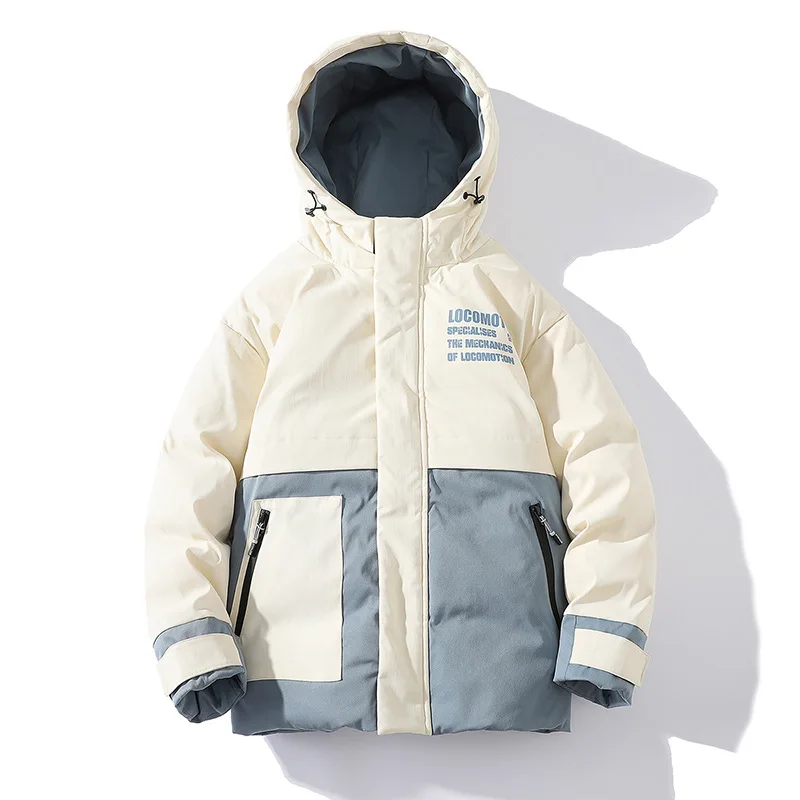 Japanese Fashion Winter Coat Men Printed Contrast Color Hooded Jackets Outdoor Short Thickened Sports Warm Jacket Men Clothing