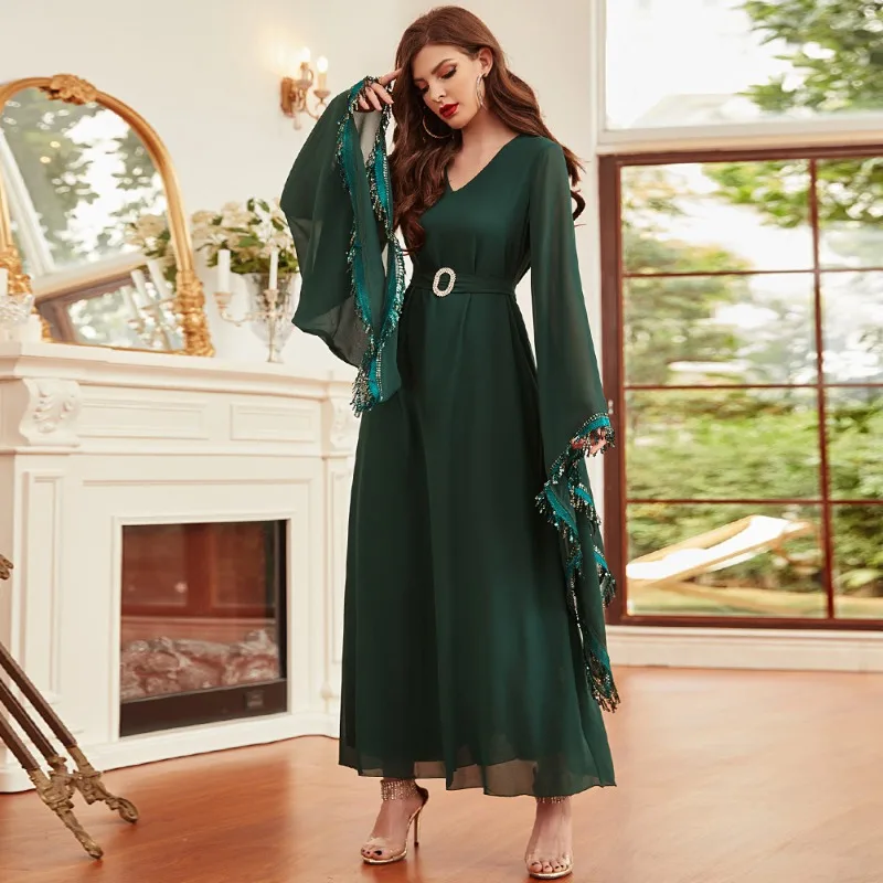 

New Muslim Woman Abaya Dark Green High-density Chiffon Fringe Elegant Long-sleeved Dress Muslim Dress Dubai Abayas for Women