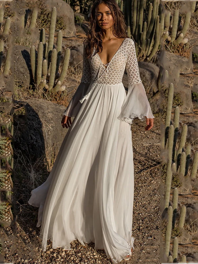 White Maxi Dress Lace Sleeves | Long Sleeve White Bohemian Dress - Backless  Lace Long - Aliexpress