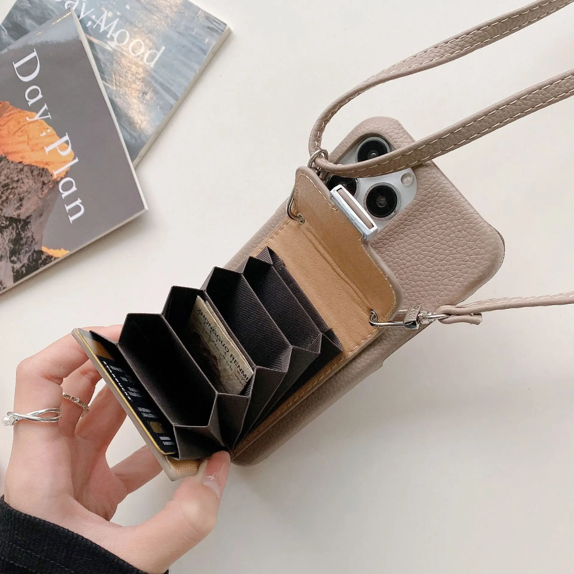 Elegant Leather Wallet Shoulder Strap Phone Case with Card Pocket and Lanyard Cover