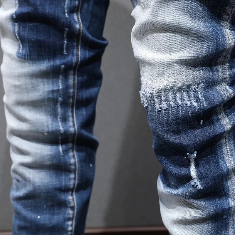 High Street Fashion Split Men's Jeans Vintage Washed Blue Elastic Slim Fit Jeans Men's Vintage Designer Denim Pencil Pants Hombr