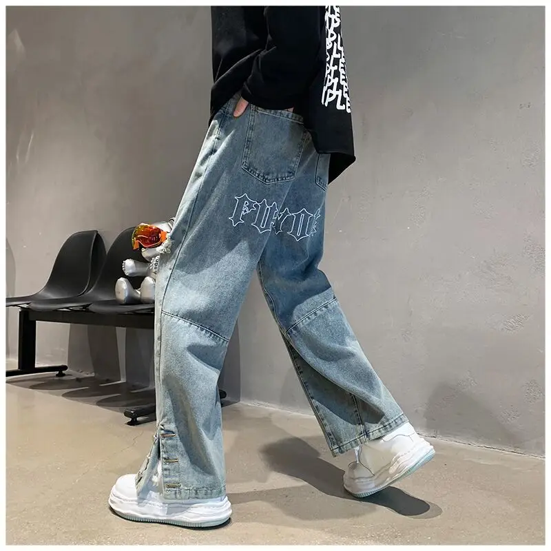 Pánské kalhoty s vyšívaným písmenem, hip hop, volné, ležérní, nové, s rozbitými otvory, streetwear, rovné džínové kalhoty, mužské kalhoty Y2K, pytlovité džíny_voghion.com