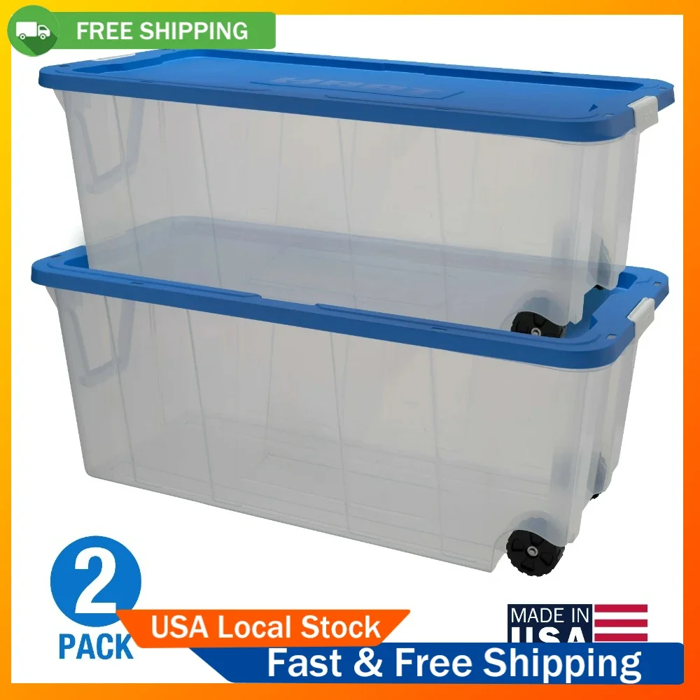 

KAZHAN 200 Quart Latching Rolling Plastic Storage Bin Container, Clear, Set of 2