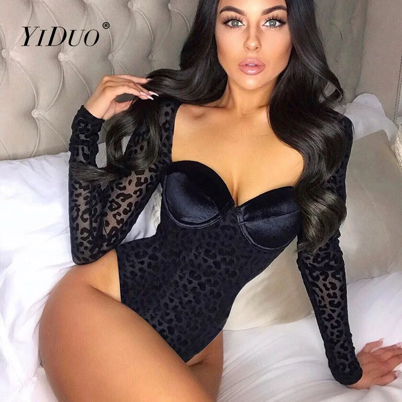 white lace bodysuit YiDuo Leopard Print Bodysuit Push Up Body Jumpsuit Women Long Sleeve Bodycon Overalls Sexy Autumn Hollow Out Bodysuit Party Wear bustier bodysuit