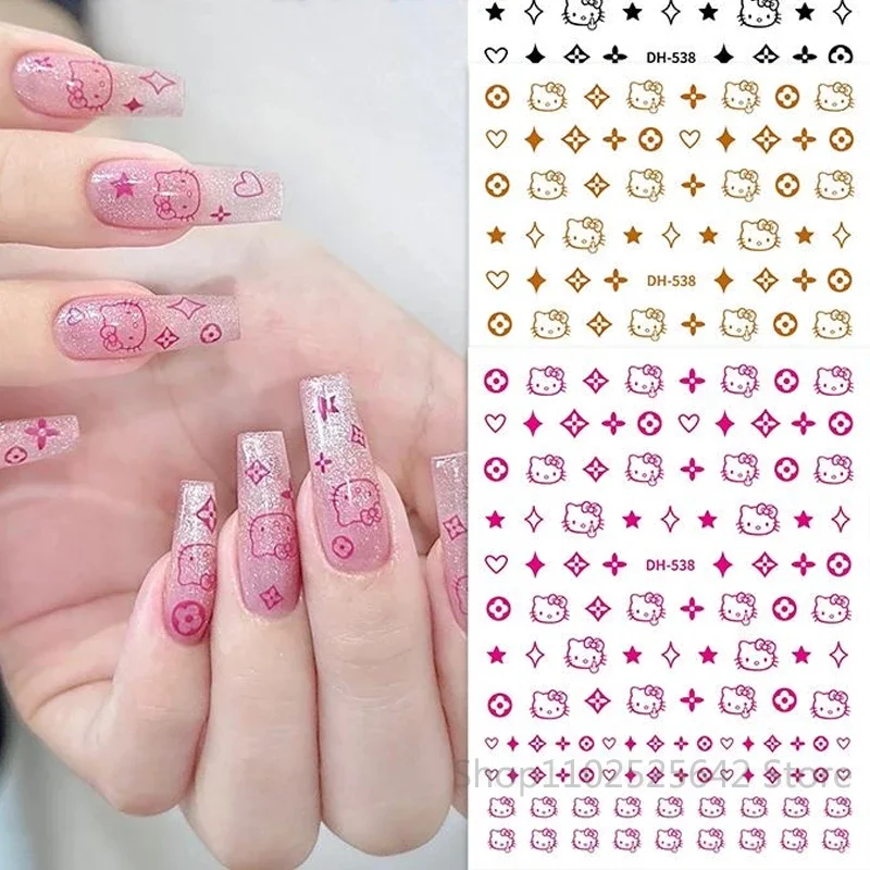 

Cartoon Hello Kitty Nail Sticker Sanrio Funny Pink Black White Belt Adhesive Nail Enhancement Sticker Cute Nail Decoration