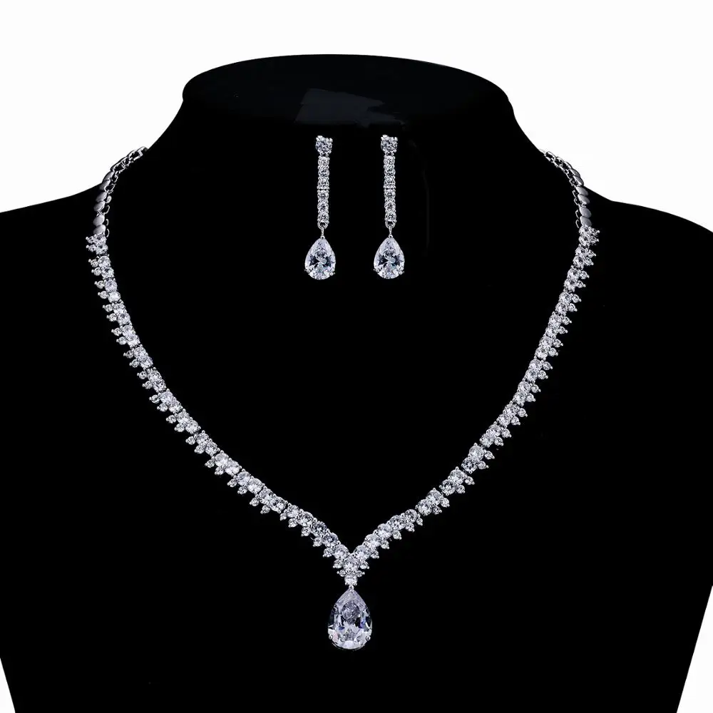 

Gorgeous Fine Cubic Zirconia Bride Wedding Necklace Earring Set, Women Prom Party Jewelry Sets Accessories
