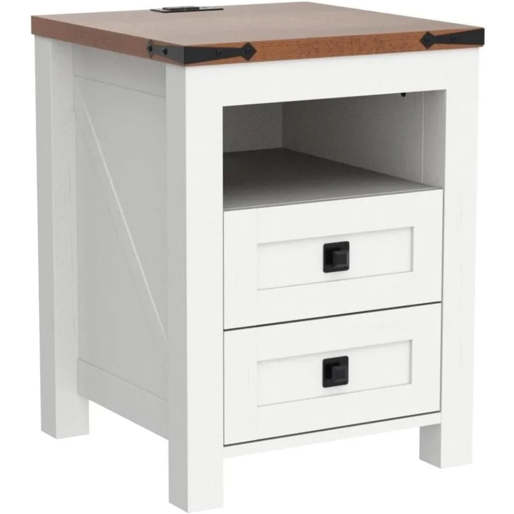 Nightstand with Charging Station, End Table, Side Table for Bedroom, Living Room, Farmhouse Design, Wood Rustic, Antique White 6
