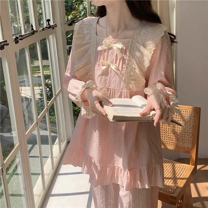 Lace Cotton Pink Cute Summer Long Sleeve Pajama Set Women Girlish