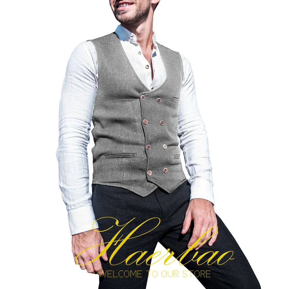 Mens Herringbone Vest Double Breasted Resting Sleeveless Jacket Formal Wedding Waistcoat Groom Party Waistcoat